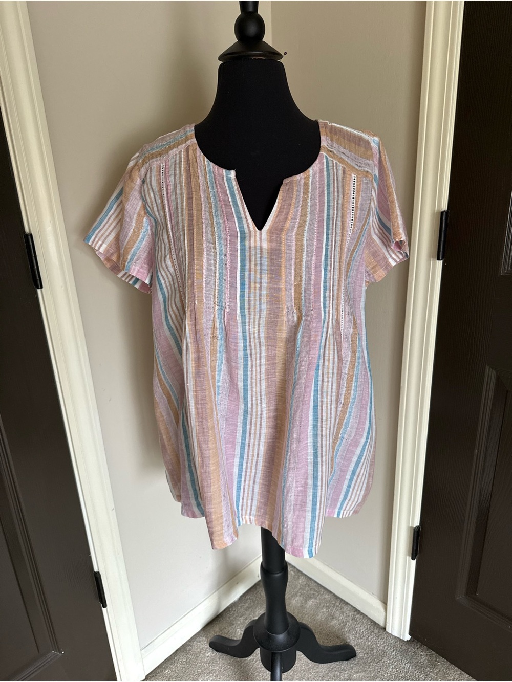 C&C California Linen Pastel Striped V-Notch Tunic - Pink, Blue & Cream